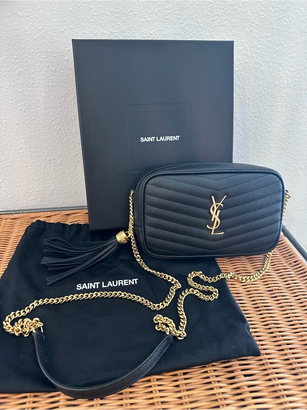 Saint Laurent Small Lou Camera Quilted Black Crossbody Bag with Gold Chain